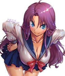 1girls 2018 amania_orz big_eyes blue_eyes bra breasts cleavage curvy female female_only large_breasts long_hair panties purple_hair sailor_fuku school_uniform see-through see-through_clothing see-through_top skirt smiling_at_viewer white_bra