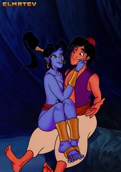 1boy 1girls aladdin aladdin_(character) blue-skinned_female blue_skin clothing dark-skinned_male dark_skin disney elmrtev female genderswap_(mtf) genie_(aladdin) human human_on_humanoid humanoid implied_nudity interspecies male rule_63 straight