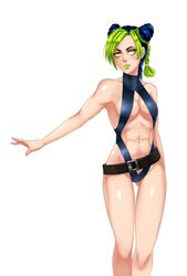 1girls abs belt bikini black_bikini black_swimsuit blue_hair blush blushing braided_ponytail cleavage clothing confident curvy double_bun eyelashes female female_only fit fit_female fully_clothed green_eyes green_hair green_lipstick hair_bun hairbun highres jojo's_bizarre_adventure jolyne_kujo lips lipstick medium_breasts multicolored_hair muscles muscular muscular_female navel sexually_suggestive shiny_clothes shiny_hair shiny_skin sling_bikini smile smiling solo standing stone_ocean swimsuit thighs tied_hair twrlare white_background