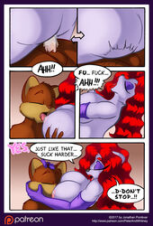 1boy 1boy1girl 1girls anthro anthro_on_anthro arched_back areola areolae balls between_breasts big_breasts breast_grab breast_sucking breastfeeding breastfeeding_during_sex breasts brown_fur busty closed_eyes comic cosplay cowgirl_position dialogue disney eddie_valiant_(cosplay) eyeshadow feline female female_on_top gloves hair_over_one_eye huge_breasts jessica_rabbit_(cosplay) jonathan_ponikvar large_breasts licking licking_nipples lips lipstick long_gloves long_hair male nipple_licking nipples one_eye_closed panels parody patreon penis peter_and_company peter_and_whitney peter_ponikvar pounding purple_fur red_hair sex speech_bubble straddle straddling straight sucking suckling testicles vagina vaginal_penetration watermark whitney_ponikvar who_framed_roger_rabbit wig yellow_eyes