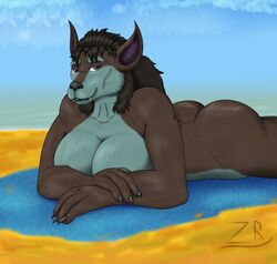 anthro beach beach_towel canine female female_only furry furryrex_(artist) large_ass large_breasts nude warcraft worgen world_of_warcraft