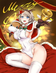 1girls antlers bell big_breasts blue_eyes blush blushing breasts brown_gloves brown_hair busty capelet center_frills christmas clothing curvy english_text eyebrows_visible_through_hair eyelashes fake_horns female female_only frilled_leotard frills fully_clothed fur-trimmed_capelet fur-trimmed_hat fur_trim gloves hairband hat headband highres holding_object holding_stuffed_animal holidays huge_breasts kamishiro_ryuu large_breasts legwear leotard looking_at_viewer love_live! love_live!_sunshine!! merry_christmas navel open_mouth red_capelet red_headwear reindeer_antlers santa_hat sexually_suggestive shiny_hair shiny_skin short_hair sideboob sitting smile smiling solo stockings stuffed_animal stuffed_toy teeth text thick_thighs thighhighs voluptuous watanabe_you white_legwear white_leotard white_stockings white_thighhighs wide_hips