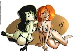 2girls bikini disney disney_channel female female_only hotdesigns2 kim_possible kimberly_ann_possible micro_bikini multiple_girls shego yuri