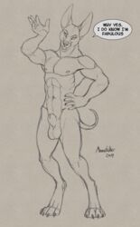 abs animal_genitalia anubian_jackal anubis balls canid canine canis deity dialogue egyptian_mythology english_text fully_sheathed jackal male male_only mammal middle_eastern_mythology monochrome mythology richard_foley sheath sketch solo text