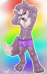 1boy 4_toes armpit_hair bashbl-ux boxers_(clothing) bulge canid canine canis clothing hi_res looking_at_viewer male male_only mammal navel nintendo no_humans pecs pubes purple_underwear simple_background solo star_fox toes underwear video_games wolf wolf_o'donnell