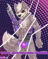 anthro armpit_hair bashbl-ux boxers_(clothing) bulge canid canine canis clothed clothing hi_res jockstrap looking_at_viewer male male_only mammal muscular muscular_male navel nintendo pecs penis simple_background solo star_fox underwear video_games wolf wolf_o'donnell