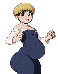 1boy androgynous big_belly blonde_hair blushing bowl_cut brown_eyes cheese_(modeseven) earring edited femboy feminine_male lip_piercing male male_pregnancy modeseven pregnant tagme trap