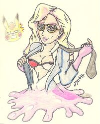 annoyed areolae blonde_hair bra breasts breasts_apart breasts_out detective_pikachu detective_pikachu_(series) ditto ditto_copied_person female female_only ms._norman nintendo pikachu pink_eyebrows pokémon_(species) pokemon pokemon_(species) pokemon_detective_pikachu pokemon_rgby sketch suit sunglasses tie tinted_eyewear undressing