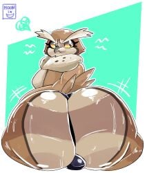 absurd_res anthro ass avian beak big_butt bird bodily_fluids bulge cheek_bulge clothing eyebrows femboy hi_res huge_butt hyper hyper_butt long_eyebrows looking_at_viewer looking_back looking_back_at_viewer male moonix_xero neck_tuft owl panties pouting rear_view solo sweat sweaty_butt thick_eyebrows tuft underwear yellow_eyes