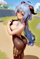 1girls 2d ai_generated ass big_ass breasts erophoenix female female_focus full_body ganyu_(genshin_impact) genshin_impact horns long_hair looking_at_viewer medium_breasts nipples pantyhose patreon_username silver_hair solo solo_female sweat thick thick_thighs uncensored undressing