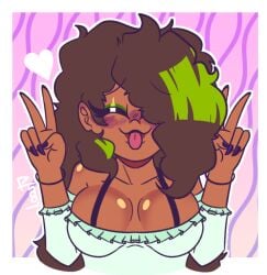 1girls 2d 2d_(artwork) 2d_artwork background big_breasts breasts brown_hair cleavage closed_eyes clothed color dark-skinned_male dark_skin female female_focus female_only hair_over_one_eye happy lacey_(lustree) lustree peace_sign tongue tongue_out twitter_user_oc