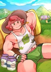 armpits bara farm gooey_candy green_eyes gym_leader hairy_armpits hands_behind_head human human_male human_only light-skinned_male light_skin male male_focus male_only milk_bottle milo_(pokemon) nintendo pink_hair pokemon pokemon_swsh pubic_hair solo_male spread_legs sunshine twitter_link