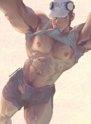 1boy abs armpit_hair armpits artist_name bara chest_hair dolphin_shorts facial_hair hat iwai_munehisa male male_focus male_only muscular muscular_arms muscular_chest muscular_male muscular_thighs nipple_piercing nipple_rings nipples pecs pectorals persona pubic_hair shirt_lift shorts solo solo_male thighs yangtuokawayi