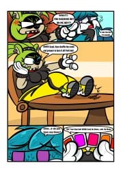 absurd_res accessory afrosoricid annoyed anthro blue_eyes bottomwear bracelet canid canine card card_deck card_game clothed clothed_anthro clothed_female clothed_male clothing comic cuff_bracelet dialogue duo ear_piercing ear_ring english_text female fennec_fox foot_on_table footwear fox fully_clothed fully_clothed_anthro fully_clothed_female fully_clothed_male furniture gaming hair_accessory hairband hi_res idw_publishing jewelry kaokaoarts kitsunami_the_fennec male mammal oddkao pants piercing poking poking_cheek purple_eyes quills_(anatomy) ring_piercing sega shirt shoes sonic_the_hedgehog_(comics) sonic_the_hedgehog_(idw) sonic_the_hedgehog_(series) speech_bubble strip_game strip_games strip_gaming surge_the_tenrec table tenrec text topwear true_fox white_sclera