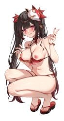 :q absurdres adapted_costume armpit_crease bare_legs bikini bikini_top_pull black_choker blush breasts brown_hair choker circle_facial_mark closed_mouth collarbone female fingernails flower_tattoo fox_mask full_body hair_between_eyes hair_ribbon hand_up highres hizuki_higure honkai:_star_rail honkai_(series) legs long_hair looking_at_viewer mark_under_both_eyes mask mask_on_head medium_breasts multicolored_hair nail_polish navel nipples pink_eyes red_bikini red_nails red_ribbon ribbon sandals shoulder_tattoo simple_background smile solo sparkle_(honkai:_star_rail) squatting stomach strap_lift streaked_hair sweat swimsuit tattoo thighs toenails toes tongue tongue_out twintails v very_long_hair white_background