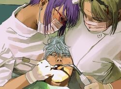 1boy 2girls big_breasts blonde_hair blush breast_press dentist fully_clothed gintama gintoki_sakata glasses gloves humor kunai medical_instrument meme mouth_mask nervous nurse nurse_cap nurse_uniform oartenpad purple_hair red-framed_eyewear redraw sarutobi_ayame surgical_mask sweatdrop tsukuyo upper_body
