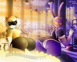 2boys ass big_ass big_butt black_eyes blush blush_lines bunny bunny_ears butt crossover fart fart_fetish farting fat_ass fat_butt femboy fully_clothed glitch_productions huge_ass huge_butt jax_(the_amazing_digital_circus) looking_back maid maid_headdress maid_jax_(the_amazing_digital_circus) maid_outfit maid_uniform male male_only murder_drones n_(murder_drones) purple_fur rabbit robot samkvevo text the_amazing_digital_circus thick_ass thick_butt white_hair yellow_eyes