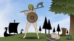 axe censored covered_breasts covered_nipples covered_pussy naked naked_female naked_woman nude nude_female nudity shield viking viking_female warrior warrior_woman