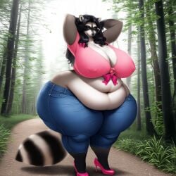ai ai_generated anthro belly big_belly big_breasts breasts chubby chubby_female clothing female forest looking_at_viewer mommy nipples overweight overweight_female pants raccoon raccoon_tail thepyromancerfox