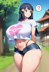 ai_generated akari_(pokemon) arched_back arms_behind_back ass bare_arms big_breasts bimbo bimbo_body bimbofication bimbofied blue_hair breasts building buildings choker collarbone confused curious dawn_(pokemon) dirt_path dirt_road east_asian_architecture game_freak grey_eyes hair_pin heart_print holding holding_object holding_phone huge_ass huge_breasts japanese_architecture long_hair long_sidelocks looking_to_the_side massive_ass massive_breasts micro_shorts midriff navel novelai poke_ball_print pokemon pokemon_legends:_arceus puckered_lips question_mark shirt_overhang short_shorts short_sleeves sidelocks skindentation spoken_question_mark t-shirt tgm101_(artist) thick_lips thick_thighs thin_waist thong three-quarter_portrait time_travel torn_shorts town turning_head unbuttoned unbuttoned_shorts undersized_clothes walking wide_hips