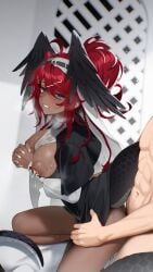 1boy 1girls 2025 arknights big_breasts blush breast_grab breasts breasts_out dark-skinned_female ett feathers gracebearer_(arknights) grey_eyes heavy_breathing hi_res kemonomimi nipples nude nun nun_outfit ponytail red_hair sweat tail vaginal_penetration vaginal_sex