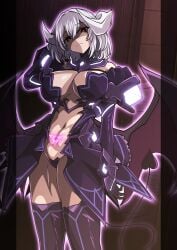 1girls absurdres aoi_tabane azur_lane breasts cleavage corruption cosplay dark_persona demon_girl demon_horns demon_tail demon_wings female female female_only gloves heart_maebari highres horns kouyoku_senki_exs-tia large_breasts lilistia looking_at_viewer low_wings maebari navel outline pink_outline pubic_tattoo red_eyes revealing_clothes shaded_face short_hair sirius_(azur_lane) solo stomach succubus tail tattoo thighhighs thighs white_hair wings
