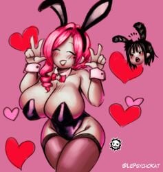 100_kanojo 2girls artist_logo artist_name breasts bunnysuit collection curvy curvy_female curvy_figure female female_focus female_only hanazono_hahari happy heart heart_censor huge_breasts kimi_no_koto_ga_dai_dai_dai_dai_daisuki_na_100-nin_no_kanojo logo long_hair peace_sign pink_background pink_hair surprised surprised_expression the_100_girlfriends_who_really_really_really_really_really_love_you thepsychokat usami_shiina voluptuous voluptuous_female