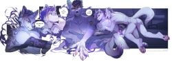 absurd_res andromorph andromorph/male andromorph_anthro anthro bared_teeth black_hair blue_eyes canid canine cheek_tuft duo ear_piercing erection facial_tuft fur genitals hair hi_res holding_nintendo_switch humanoid_genitalia humanoid_penis hybrid_genitalia hybrid_penis intersex intersex/male intersex_anthro knot knotted_humanoid_penis knotted_penis male male_anthro mammal multicolored_hair nude orange_eyes orange_hair penis piercing purple_penis side_view tuft two_tone_hair unknowhiter white_body white_fur