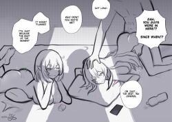 1boy ass barefoot bottle breasts commentary completely_nude doggy_style elf elysia_(honkai_impact) english_text eruda_erudia feet grabbing_another's_head greyscale honkai_(series) honkai_impact_3rd kiana_kaslana large_breasts looking_at_another lying mobius_(honkai_impact) monochrome nude on_stomach panties pillow pointy_ears sex sex_from_behind soles speech_bubble straight toes underwear unworn_panties