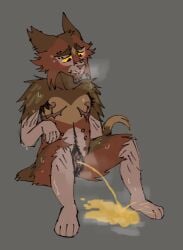 anthro big_clitoris bodily_fluids centepeed clitoris domestic_cat embarrassed felid feline felis female genital_fluids genitals lykoi mammal mastectomy_scar nipples peeing peeing_on_floor piercing piss pubes pussy scar solo steam sweat urinating urinating_female urination urine vulva watersports