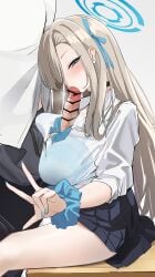 1boy absurdres asuna_(blue_archive) asuna_(school_uniform)_(blue_archive) asymmetrical_bangs black_choker black_skirt blue_archive blue_bow blue_bowtie blue_halo blue_nails blue_ribbon blue_scrunchie bow bowtie button_gap choker desk fellatio female hair_over_one_eye halo highres looking_to_the_side loose_bowtie on_desk oral penis ribbon school_uniform scrunchie sensei_(blue_archive) skirt sleeves_rolled_up straight thighs v wrist_scrunchie ykt_scl