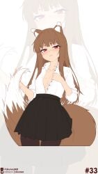1girls animal_ears animal_tail black_pantyhose black_skirt blush blushing_at_viewer breasts brown_hair brown_hair_female female fluffy fluffy_tail hime_cut holo kemono kemonomimi likunea looking_at_viewer pantyhose red_eyes_female redd_eyes school_uniform shirt shirt_open skirt slim slim_female small_breasts sole sole_female spice_and_wolf white_shirt wolf_ears wolf_girl wolf_tail
