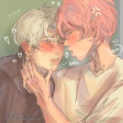 2025 aftermath bamby_(plave) begging blush breath ear_piercing eunho_(plave) eye_contact fangs furrowed_brow gay heavy_breathing holding_neck kissing kpop meiwaku.art panting piercing plave pleading red_eyes saliva saliva_drip saliva_string saliva_trail teasing text text_bubble two_tone_hair white_hair yaoi