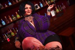 1girls 3d annabelle_truise bar big_breasts black_hair bracelet cigarette collar emo female female_only freckles goth green_eyes grey_hair huge_breasts milf old_woman older_female original original_character piercing rasmus-the-owl smoking solo solo_female stretch_marks tattoo thick_thighs wide_hips