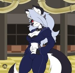 1girls anthro big_breasts breasts cleavage ear_piercing ears female fingerless_gloves furry grey_body grey_fur grey_hair hair_over_one_eye hand_on_hip hellhound helluva_boss huge_breasts long_hair looking_at_viewer loona_(helluva_boss) mad_n_evil notched_ear red_sclera spiked_collar tagme tail thick_thighs two_tone_body two_tone_fur two_tone_tail white_body white_eyes white_fur wide_hips wolf wolf_girl