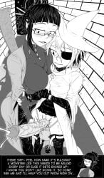 1boy 1girls alley alleyway balls big_balls big_penis black_and_white boob_squish breasts cloak clothed_female cum_milking cumming cumming_from_handjob detailed_background earrings eyepatch face_in_breasts female fingerless_gloves full_color game_ui gentle_femdom glasses gripping_arms hair_ornament hair_tied_back handjob hat high-angle_view huge_cock huge_testicles hung_femboy in_stars_and_time kiahl larger_female lobsterkiahl male milking_cum odile_(in_stars_and_time) older_female pants_down pants_pulled_down penis pressed_against pressed_together siffrin_(in_stars_and_time) smaller_male stroking_cock stroking_penis text_box two_tone_hair younger_male