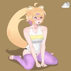 ahoge animal_ears bare_shoulders blonde_hair blush breasts eyebrows_visible_through_hair female multicolored_hair open_mouth purple_legwear short_hair sitting solo squchan_(vtuber) tail tank_top thighhighs toeless_legwear vyugen