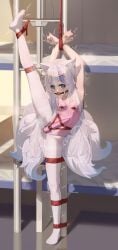 absurdres amadeus_frost animal_ear_fluff animal_ears armpits ball_gag bare_shoulders blue_eyes blue_hair bondage bondage bondage bound bound_arms breasts egg_vibrator female fox_ears fox_tail gag gagged highres kitsune kyuubi leotard long_hair looking_at_viewer multicolored_hair multiple_tails original pantyhose pink_leotard restrained sex_toy shibari_over_clothes small_breasts solo split standing standing_on_one_leg standing_split streaked_hair sweat tail very_long_hair vibrator white_hair white_pantyhose wiffle_gag