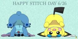 4_toes anthro anus artist_logo blue_body blue_fur blue_nose disney duo english_text eyewear eyewear_on_head feet feral fur generation_2_pokemon goggles goggles_on_head headstand hi_res lilo_and_stitch logo male male_feral nintendo notched_ear open_mouth pichu pichu90 pokemon pokemon_(species) scarf simple_background sparks_pichu stitch_(lilo_and_stitch) text toes upside-down white_scarf x_anus yellow_body yellow_fur
