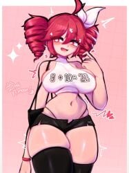 1girls 2d 2d_(artwork) absolute_territory ahoge bag barely_contained barely_contained_breasts belly blush blush casual_clothes clothed clothed_female clothing crop_top curvaceous curvy curvy_female curvy_figure fat_thighs female female_only fully_clothed hair_ornament hairbow handbag heart heart heart-shaped_pupils hearts_around_head hourglass_figure irthnmoon kasane_teto kasane_teto_(sv) messy_hair nail_polish navel overflowing_breasts painted_nails pink_background purse red_eyes red_hair red_nails shiny_skin shirt short_shorts shorts sideboob simple_background skindentation solo solo_female synthesizer_v thick_thighs thighhighs thighs tremble_spikes trembling twin_drills utau voluptuous voluptuous_female wide_hips wristwear