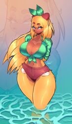 anthro antropomorph beth_(jamoart) big_breasts blonde_fur blonde_hair busty cleavage clothed clothing crop_top full_body fully_clothed fur furry hair_ribbon jamoart jewelry midriff short_shorts shorts tied_shirt water yellow_fur yellow_hair