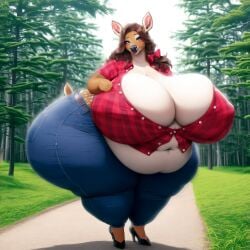 ai ai_generated anthro belly big_belly big_breasts breasts cervid cervine chubby chubby_female clothing deer deer_girl deer_tail female forest looking_at_viewer mommy nipples overweight overweight_female pants thepyromancerfox