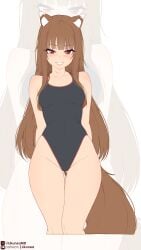 1girl 1girls animal_ears animal_tail blushing blushing_at_viewer breasts brown_hair brown_hair_female female fluffy fluffy_tail hime_cut holo kemono kemonomimi likunea looking_at_viewer red_eyes_female redd_eyes slim slim_female small_breasts smile smiling_at_viewer sole sole_female spice_and_wolf swimsuit tagme thick_thighs thighs wolf_ears wolf_girl wolf_tail