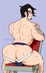 1boy amaranthnymph anus arm_hair ass back back_view bara beowulf_(skullgirls) body_hair chair facial_hair jockstrap leg_hair male male_focus male_only muscles muscular muscular_male muscular_thighs simple_background skullgirls solo solo_male sweat sweaty thighs yaoi
