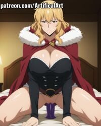 1girls ai_generated artifical_art big_breasts blonde_hair blush brown_eyes clitoris cloak dildo dildo_in_pussy female_masturbation fur-trimmed_cape gina_(solo_leveling) light-skinned_female light_skin long_hair masturbation mature_female milf perfect_body pussy pussy_juice red_cape riding riding_dildo sex_toy solo solo_leveling spread_legs vaginal_masturbation voluptuous voluptuous_female