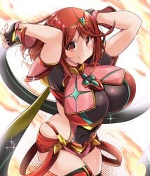 1girls breasts earrings female gloves highres huge_breasts jewelry kurokaze_no_sora pyra_(xenoblade) red_eyes red_hair short_hair shorts skindentation solo xenoblade_chronicles_(series) xenoblade_chronicles_2