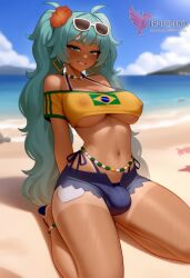 1girls 2d ai_generated aqua_hair ass barefoot big_ass big_breasts bikini bracelet brazilian_miku breasts dark-skinned_female earrings erection erophoenix eyewear_on_head feet full_body futanari grin hair_flower hair_ornament hatsune_miku huge_breasts jewelry kneeling large_penis long_hair looking_at_viewer looking_back nail_polish patreon_username penis shorts smile soles solo solo_female sunglasses swimsuit tan tellow_shirt testicles thick thick_thighs toes uncensored vocaloid