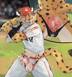 anal anal_sex anthro baseball_bat baseball_cap baseball_uniform bat_(object) black_spots blush bodily_fluids bulge cheetah closed_eyes clothed clothed_male clothing cum cum_in_ass cum_inside cumshot detailed_bulge dr.kiyo ejaculation felid feline fur genital_fluids genital_outline hat headgear headwear hi_res kemono male male_penetrated mammal markings penetration sex solo sportswear spots spotted_body spotted_fur spotted_markings spotted_tail tail tail_markings tentacle tentacle_in_ass tentacle_penetration tentacle_sex tentaclejob underwear uniform yellow_body yellow_fur