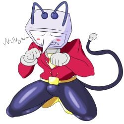 antenna belt biting_lip biting_own_lip black_pants blush bulge bulge_through_clothing bulge_under_clothes cable cable_tail cables cartoon_gloves deltarune deltarune_chapter_3 fangs no_eyes nya object_head on_knees red_suit red_suit_jacket shiny_pants tenna tenna_(deltarune) tv tv_head white_gloves yellow_shoes