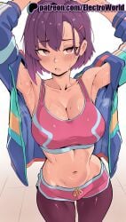 1girls 2025 ai_generated armpits artist_name bike_shorts blush breasts breasts breasts bust chest electroworld female hair_ornament hairclip hi_res high_quality high_resolution highres jacket mikazuki_shizuka navel patreon patreon_username short_hair solo sports_bra stable_diffusion sweat watermark zom_100:_zombie_ni_naru_made_ni_shitai_100_no_koto
